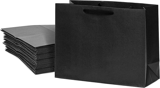 25 件装黑色翻盖牛皮纸袋,棉质斜纹手柄,16x6x12,非常适合生日派对